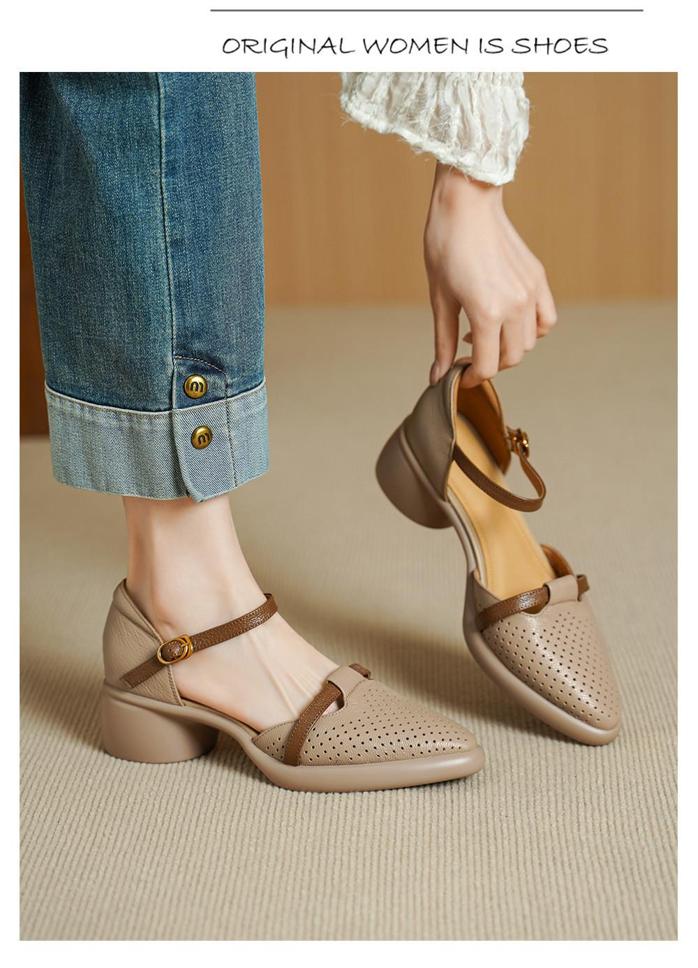 Sandal nữ quai ngang da dê mũi tròn gót vuông cao 9 cm — màu trắng ngà chi tiết 3