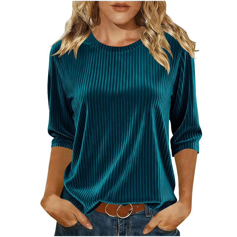 Women's Gold Velvet Round Neck 3/4 Sleeve T-Shirt Shirt Three-Quarter Sleeve Round Neck Top