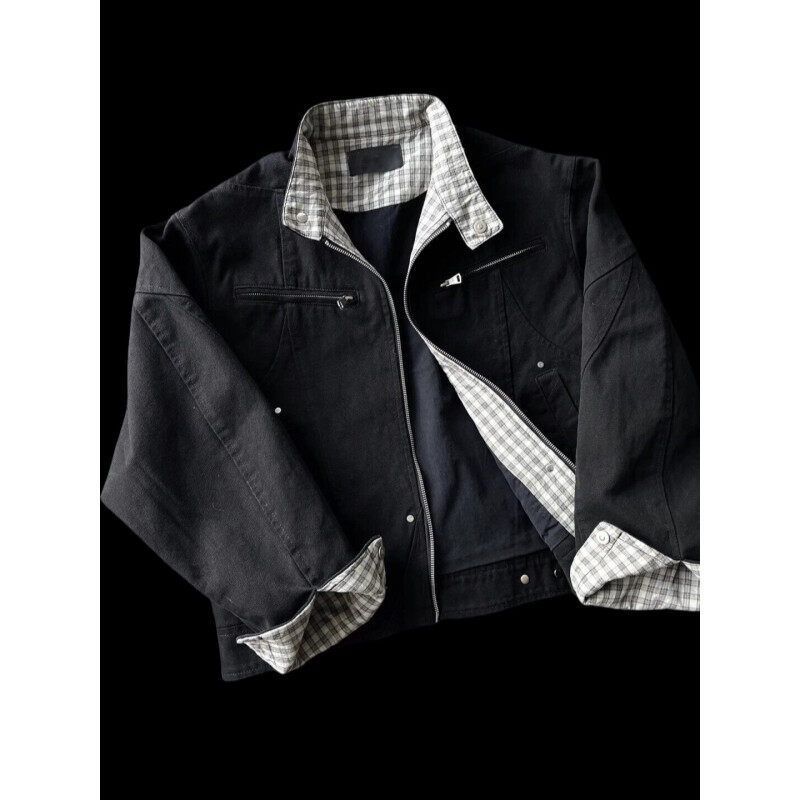Retro plaid patchwork stand-up collar short Harrington jacket, second generation, men's spring/autumn cleanfit washed workwear jacket