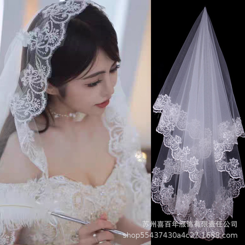 Cross-Border French Vintage Lace Veil Bridal Wedding Main Wedding Dress with Train Pure White 1.5 and 3m Black Cross-Border French Vintage Lace Veil Bridal Wedding Main Wedding Dress with Train Pure White 1.5 and 3m Black