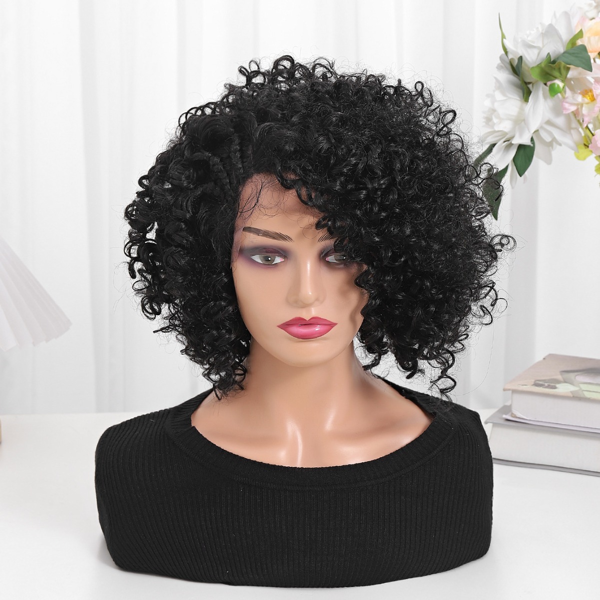 Transfronterizo corto explosivo cabeza peluca Afro Curly Wig África pellizco pequeño rollo de fibra química cubierta de cabeza