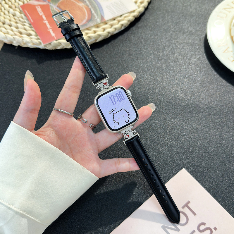 适用苹果表带AppleWatch1-11代/Ultra3/SE爱心小猫皮质手表带|undefined