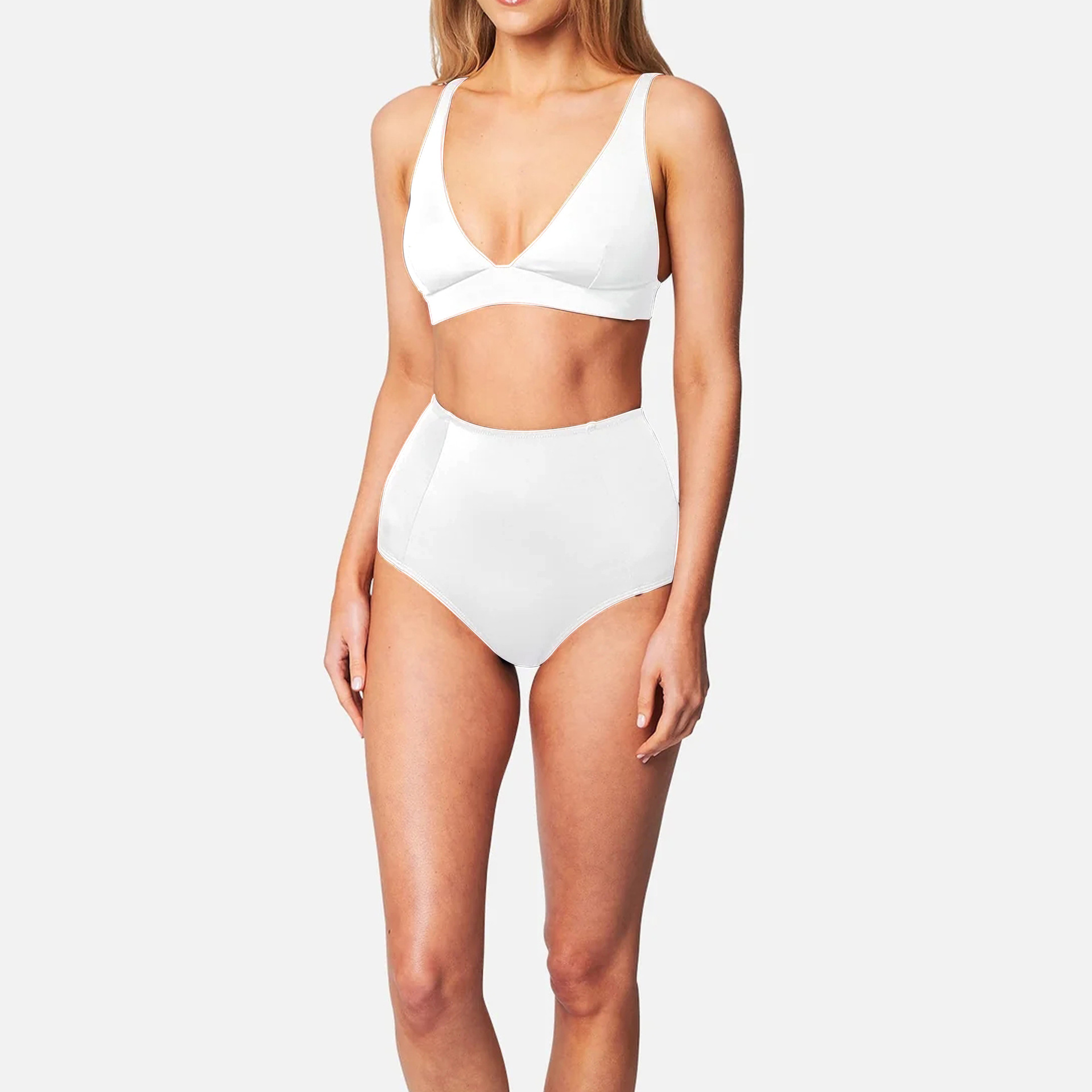 High-waisted Two Piece Bikini Solid Colour Swimsuit For Women_voghion.com