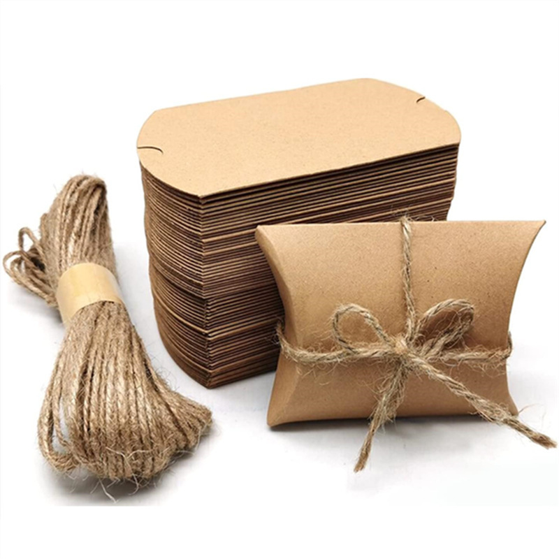 Kraft Paper Pillow Candy Box Cross-border Style with Hemp Rope Kraft Card White Card Black Card Packaging Box Wedding Party Birthday