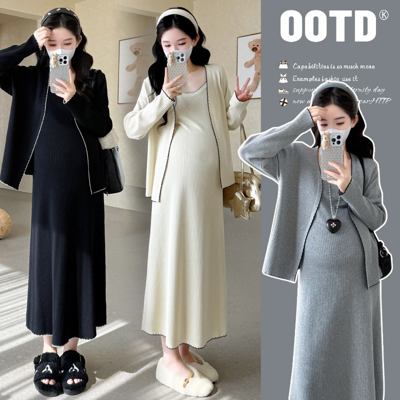 2026 Spring and Autumn New Maternity Set Long Sleeve Knitted Cardigan and Slip Dress with a Stylish Korean Design Two-Piece Set