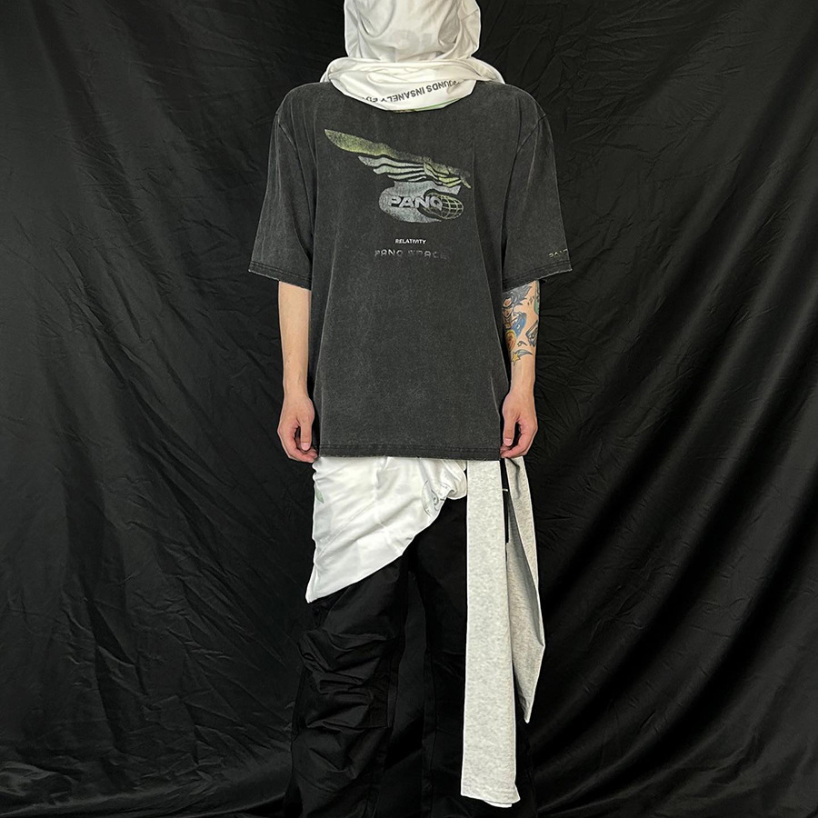 Nicho de marca PANQ lavado con agua para hacer vieja impresión de logotipo borroso verano versátil nuevo hombre y mujer camiseta de manga corta suelta