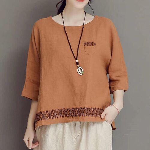 Summer Retro Cotton Linen 2025 Women's Large Size Loose Cover-Up V-Neck T-Shirt Blouse