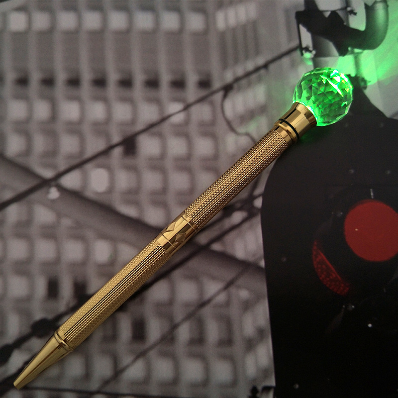 水晶球LED灯笔金属刻花笔杆圆珠笔 发光变色转动笔