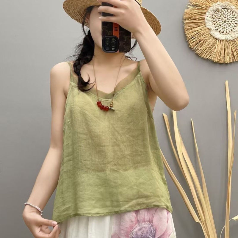 Cotton and Linen Spliced Organza Summer New Style Women's Thin Loose Solid Color Camisole Sleeveless Base Top Jk