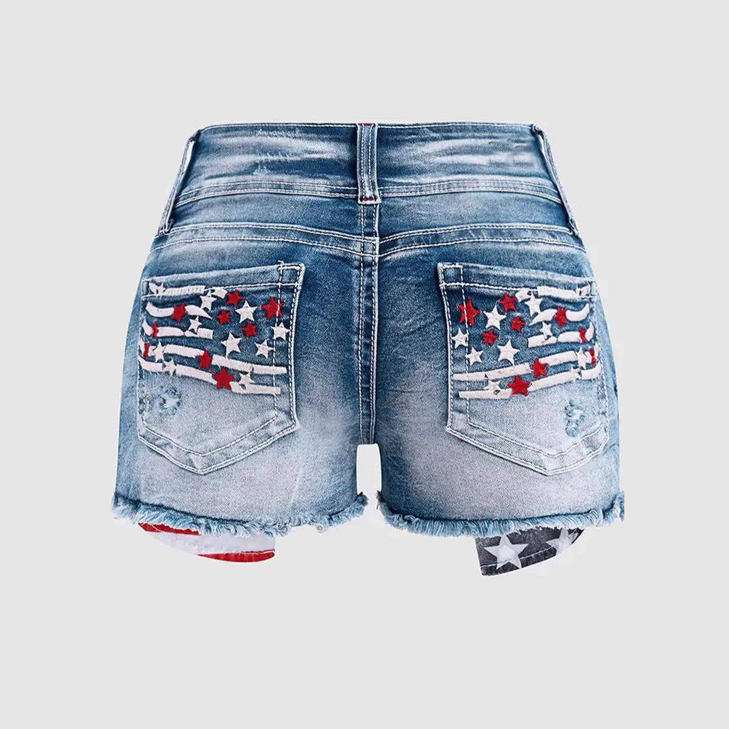 Women's Ripped Denim Shorts With Embroidered Patch Design_voghion.com