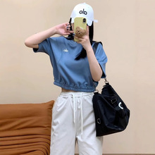 alo class春夏季空气层瑜伽短款t恤松紧下摆露肚脐束腰短袖上衣