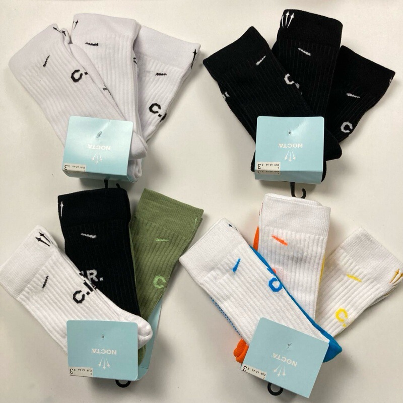 New Suwan Naike斯特 Nocta Collaboration Black and White Gray Collaboration Solid Color High Tube Embroidered Trendy Sports Socks