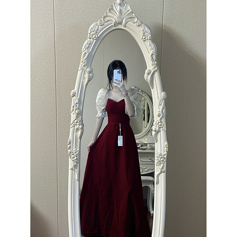 2026 Spring New Style Petite Plus-Size Burgundy Puff Sleeve Coming-Of-Age Ceremony Princess High-End Evening Dress for Women