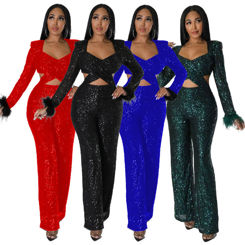 9297 European and American Amazon autumn and winter New Long sequined feather hollow-out slim-fit long-sleeved socialite party jumpsuit 9297 European and American Amazon autumn and winter New Long sequined feather hollow-out slim-fit long-sleeved socialite party jumpsuit