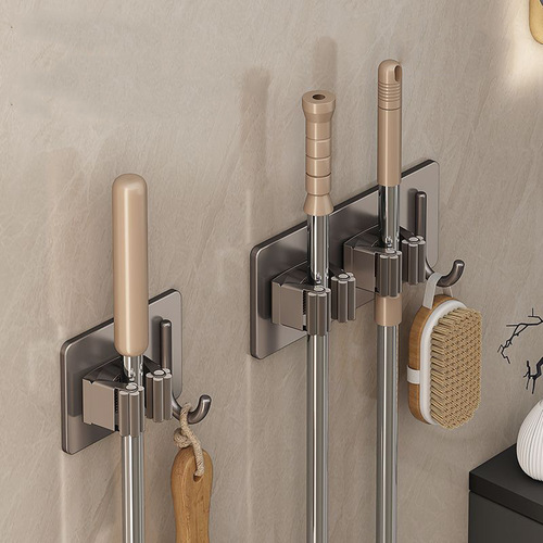 Gun gray mop wall-mounted clip strong hook bathroom punch-free multi-functional wall stainless steel broom holder