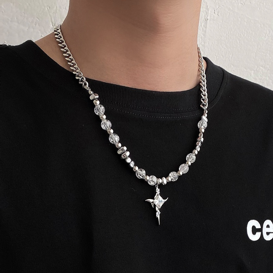 [wanhua Ice Mirror] Niche Irregular Cross Necklace Ice Crack Beads Titanium Steel Stitching Men And Women Trendy High-grade Fashion display picture 1