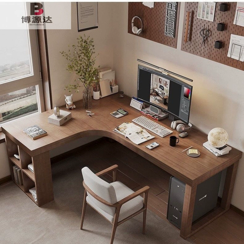 Угловой компьютерный стол из массива дерева для спальни, домашняя книжная полка, L-образный угловой стол для компьютера, письменный стол