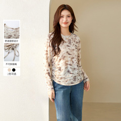 Fiber Show Large Size Women's Retro Smile Print Waist Slimming and Comfortable All-match T-shirt Fat mm2024 Autumn New Style