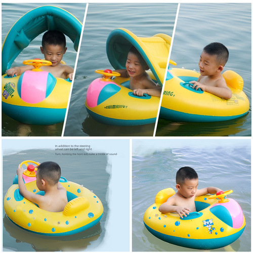 Children's swimming raft, infant swimming ring summer inflatable sit ring with trumpet sunshade sunscreen water play toy