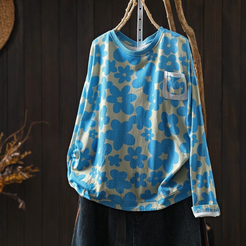 Floral print long-sleeved top for women, 2026 autumn new collection, loose fit, versatile, age-reducing, casual drawstring t-shirt