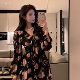 大码胖mm轻奢玫瑰印花连衣裙女秋冬感遮肉显瘦裙子200斤
