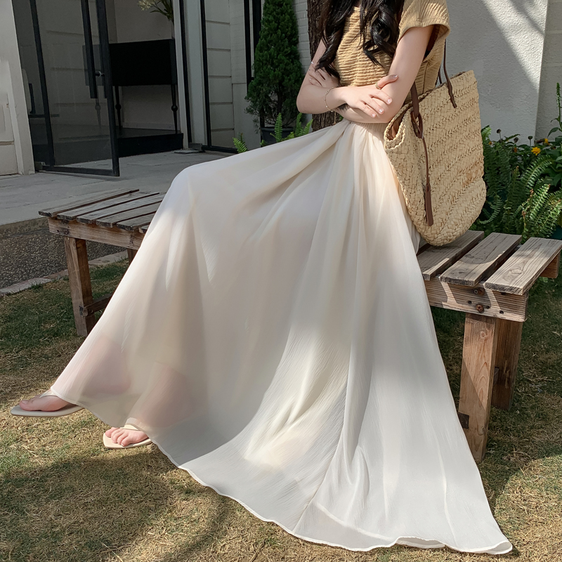 Beige shiffon summer fitted long skirt
