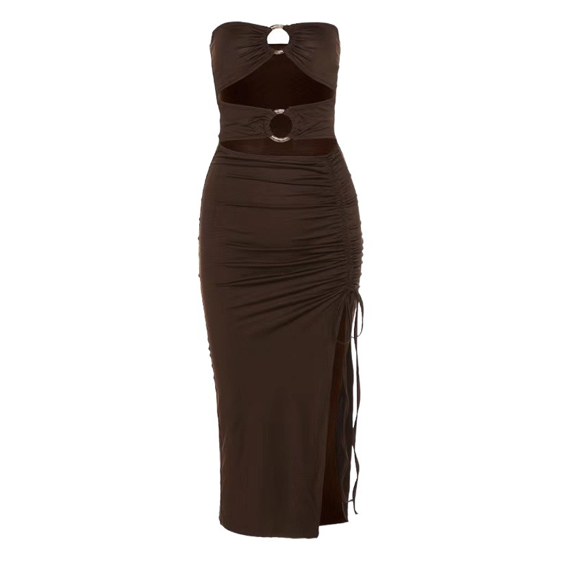 Estilo caliente transfronterizo europeo y americano 2024 verano nuevo estilo de mujer vestido de cadera de un solo hombro sexy hueco de alta abertura