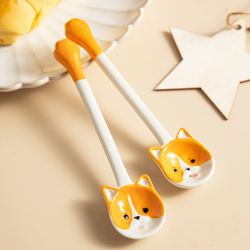 Cerámica Shiba Inu Corgi pintada a mano pequeña cuchara niños alimentación del bebé lindo suplemento alimenticio de dibujos animados cuchara de sopa cuchara hogar