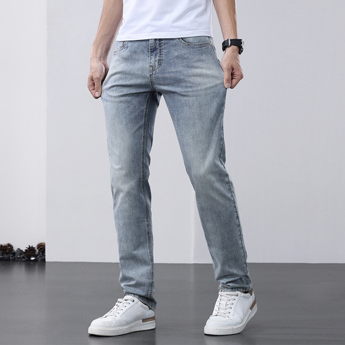 Urban simple jeans for men, slim spring and summer new casual trousers for men, trendy light color straight pants for men