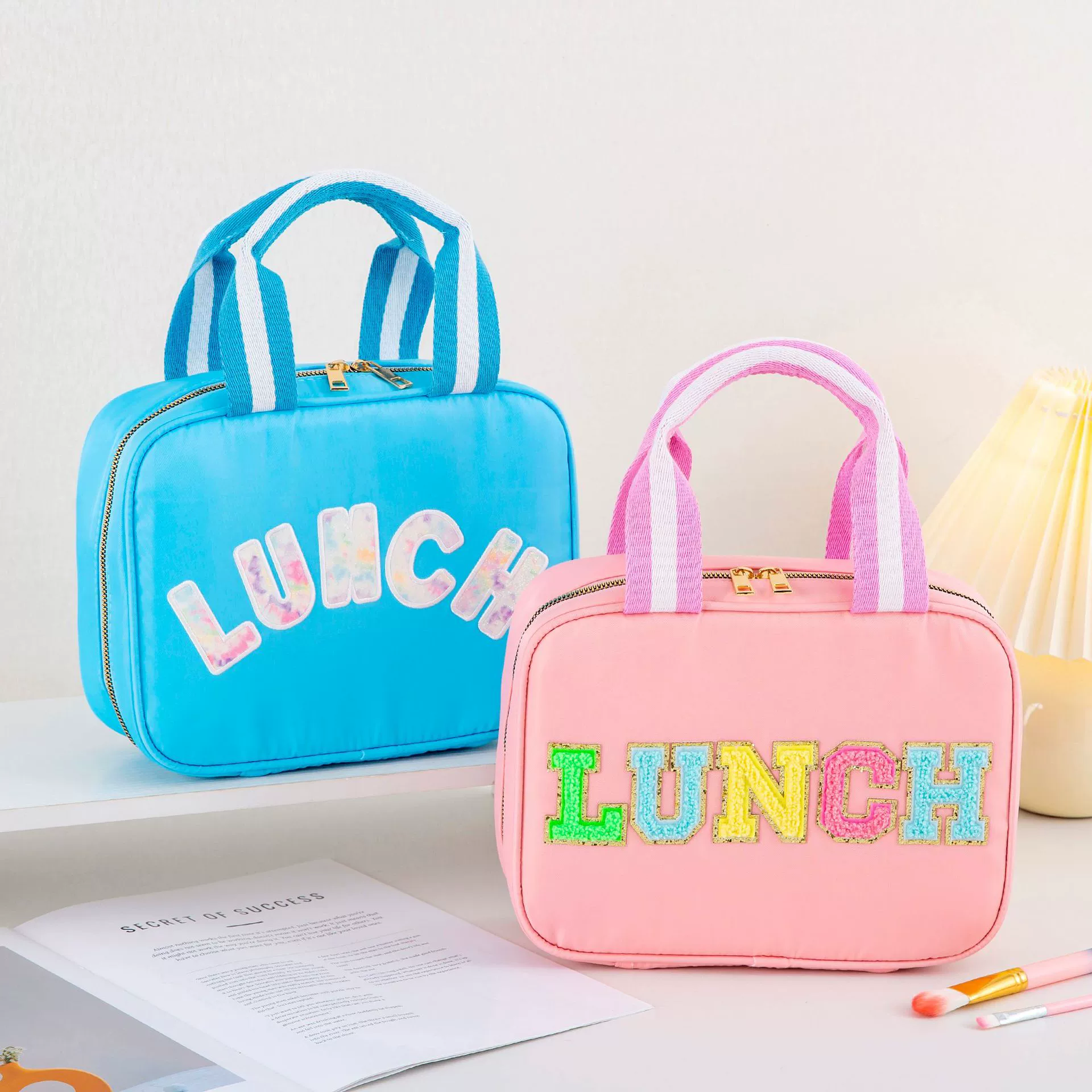 Ручная нейлоновая сумка для обеда LUNCH, вышитая надпись, наклейка, пикниковая сумка с фольгированным утеплителем, сумка-холодильник для бенто/рисa