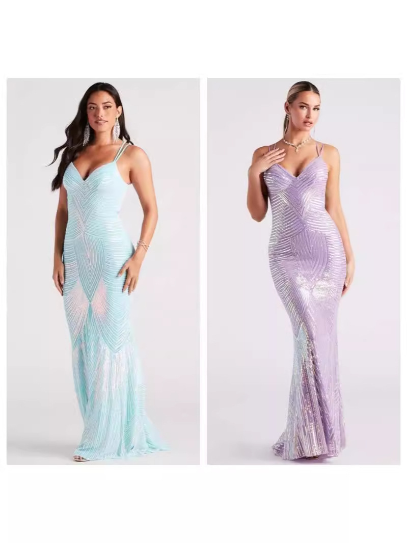 Vestido de noche de piso con lentejuelas con cuello en V sexy europeo y americano transfronterizo vestido de fiesta de fiesta de banquete elegante (2 colores)