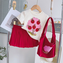 韩版女童套装夏季新款卡通印花女宝短袖T恤百褶裙两件套送包包