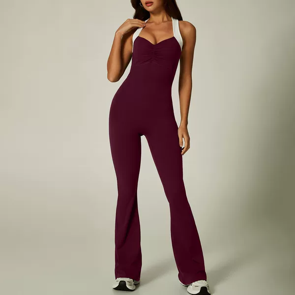 Cross-Border Color-Blocking Cross-Back Flared Jumpsuit Ballet-Style Ruched V-Neck Sleeveless Yoga Outfit
