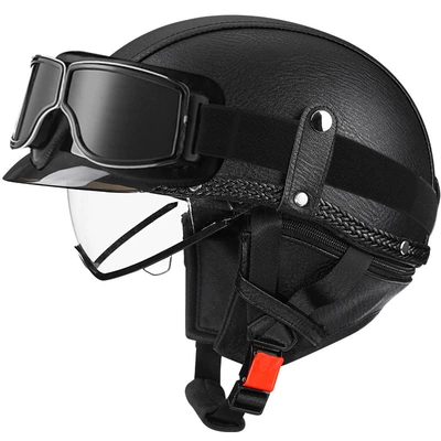 Motosiklet kaskı (dəbilqə) — car helmet Japanese scoop helmet - black-leather-transparentsquare-retro-mirror-m