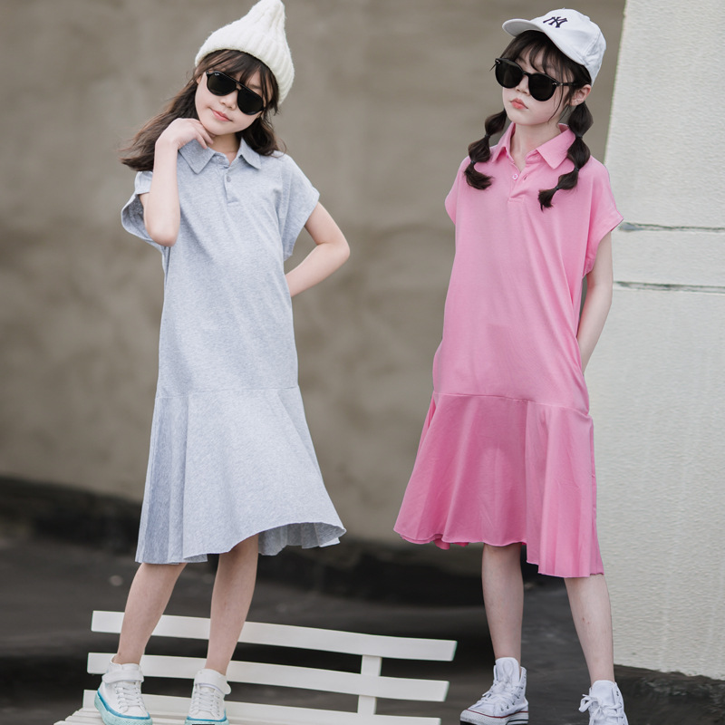 Vestido de las muchachas estilo preppy falda Polo solapa 2023 verano nuevos niños ropa mediana y grande casual manga corta mujeres