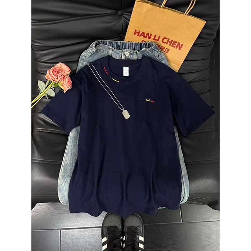 Official Champion Style Short-Sleeve T-Shirt for Women, Loose Fit, 100% Cotton, Korean Style, Slimming, Versatile, Covers the Hips, Half-Sleeve Top, Blue