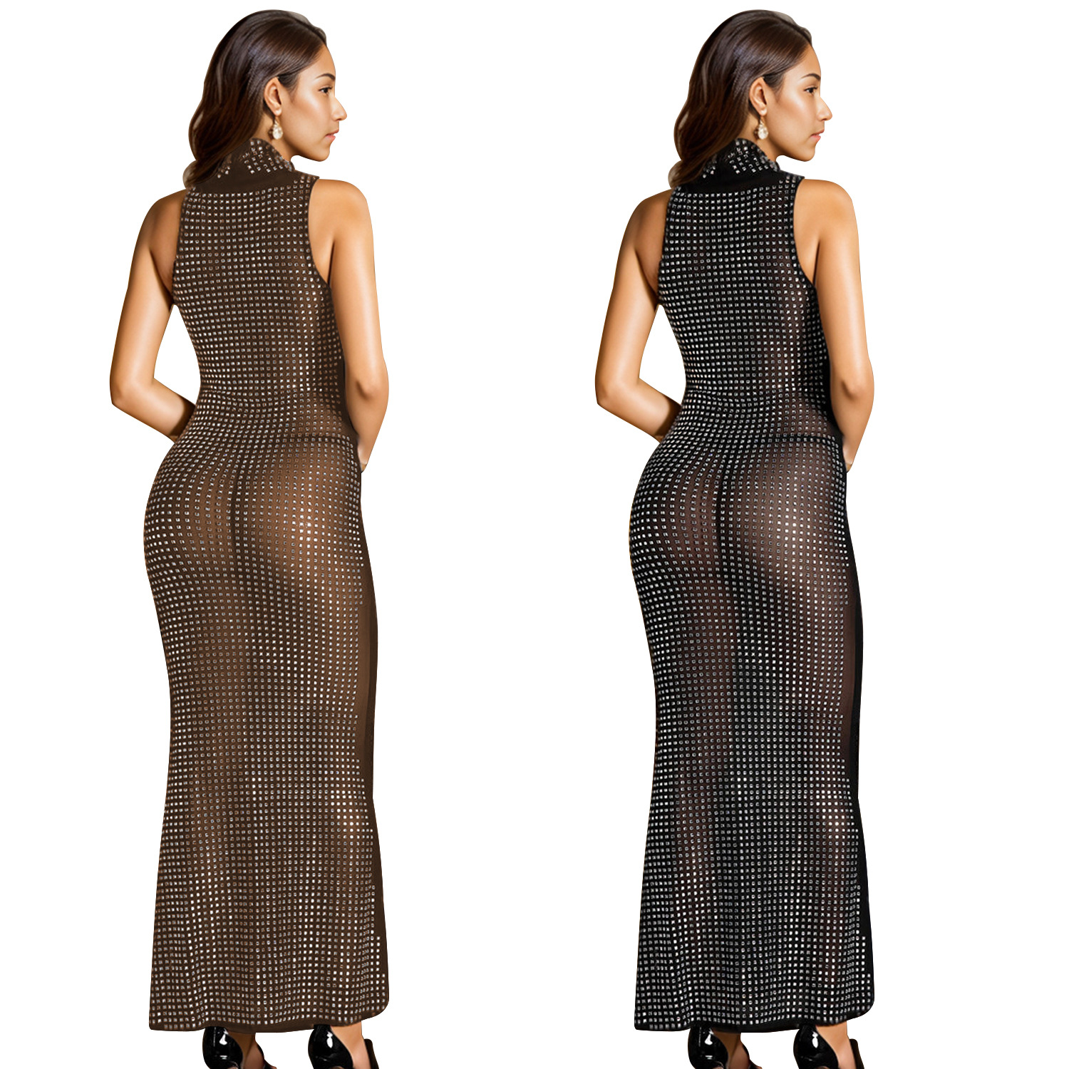 C7077 Aliexpress transfronterizo Amazon estación independiente de moda europea y americana ropa de mujer caliente diamante V-collar sin mangas vestido largo image 6