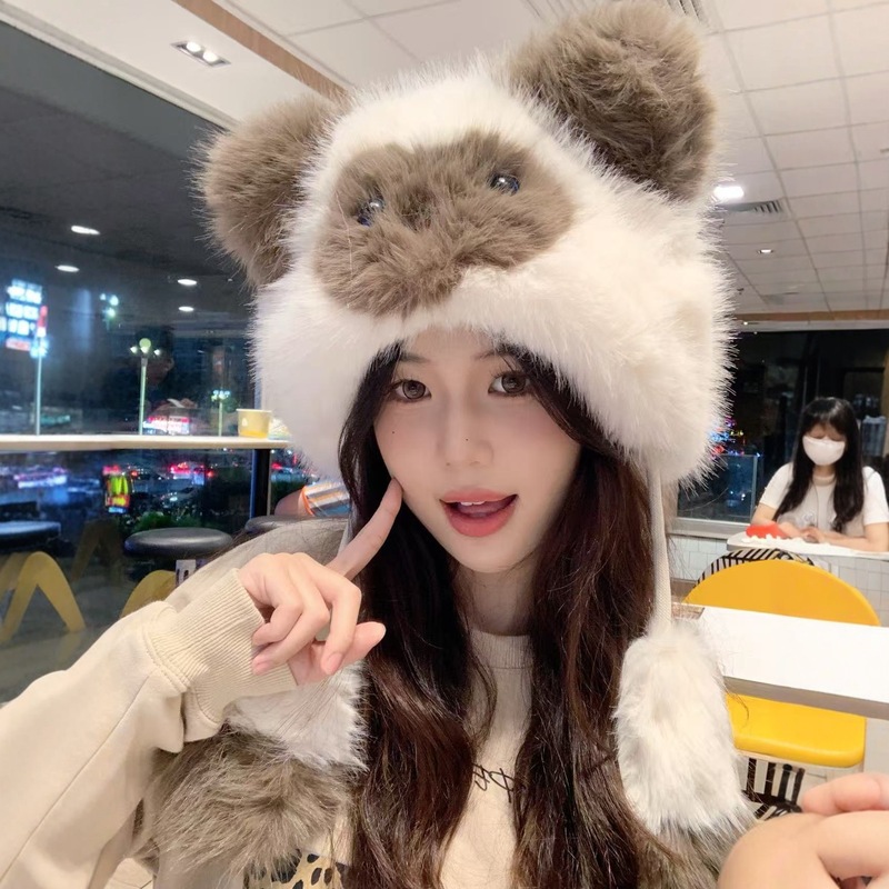 甜美可爱小猫毛绒帽子女款秋冬季防寒雷锋帽百搭保暖暹罗猫毛绒帽|undefined