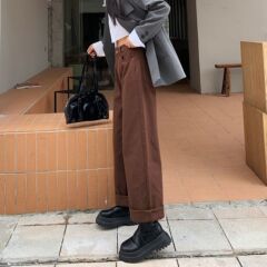 ジーンズレディースストレートレッグフロアレングスパンツトレンディなルーズワイドレッグパンツ韓国スタイルハイウエストスリムブラウン秋の新スタイル