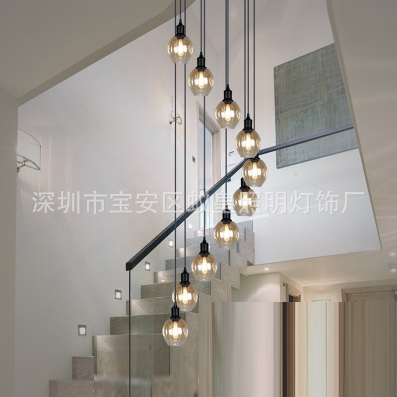 LED复式楼梯间长吊灯别墅酒店旋转美式简约创意复古loft小公寓灯-阿里巴巴