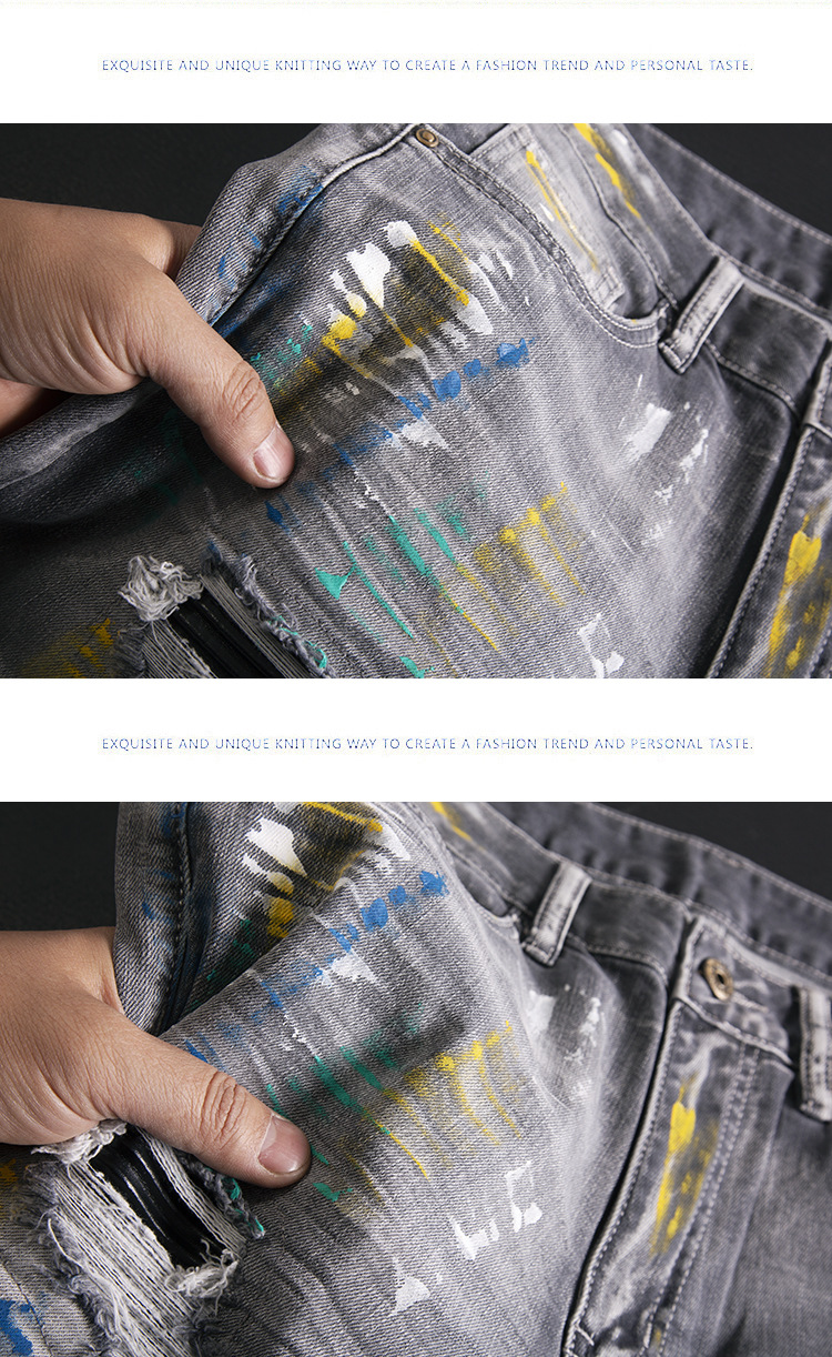 Men’s Slim Fit Ripped Patchwork Jeans With Graffiti Print Retro_voghion.com