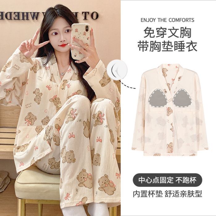 Al por mayor transfronterizo primavera y otoño nuevo algodón arrugado cardigán kimono corbata cojín de pecho pijama de manga larga ropa doméstica de dibujos animados de mujer