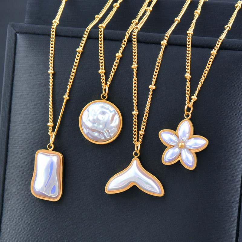 Fashion Round Flower Titanium Steel Inlay Inlaid Gold Pearl Pendant Necklace 1 Piece