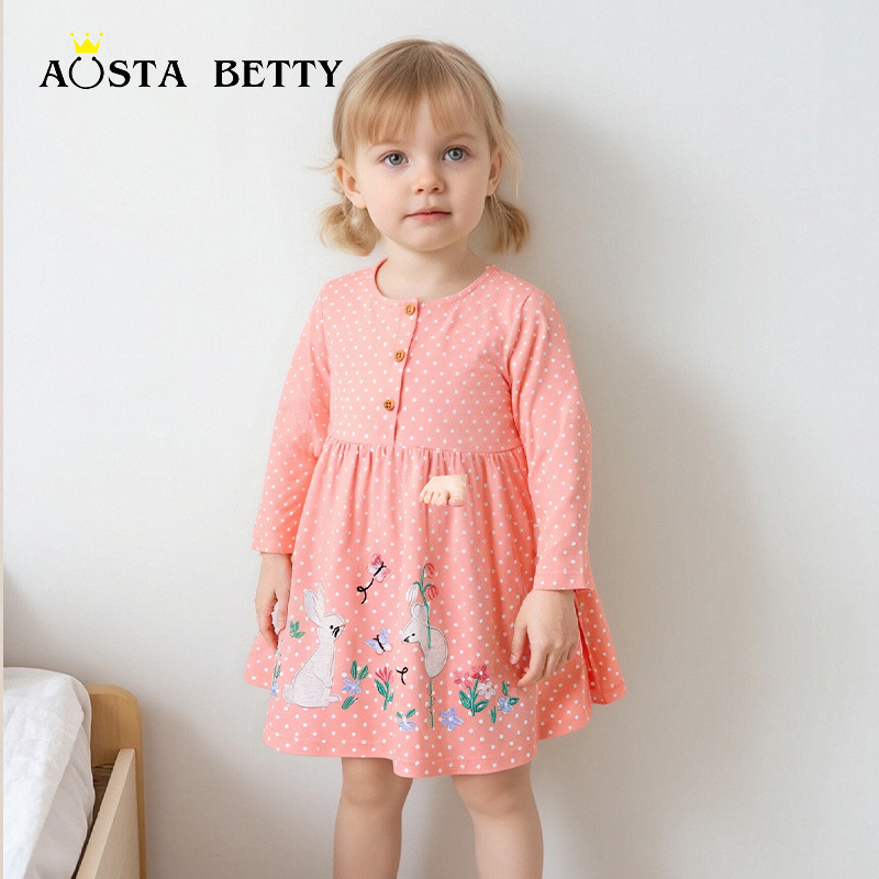 aostaBetty秋季新款女童连衣裙欧美风时尚儿童公主裙卡通绣花童裙