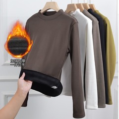 秋冬用裏起毛インナーウェア、保温トップス、小さな襟付きTシャツ、長袖、半袖、発熱インナー、アーティスティックでレトロなスタイル