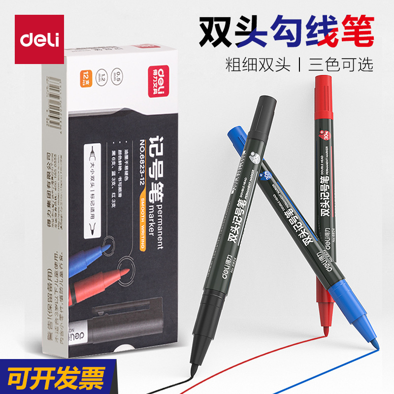 DeLi6824 pequeño marcador de dos cabezas rojo, azul y negro, pluma de pintura, pluma de gancho de línea, pluma de marca de logística expreso, 12 plumas