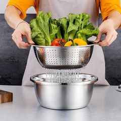 Stainless Steel Shredder Bowl Three-Piece Set Kitchen Household Multi-Functional Shredder Bowl Drainage Bowl Rice Washing Bowl Drainage Basin Vegetable Washing Basin 
