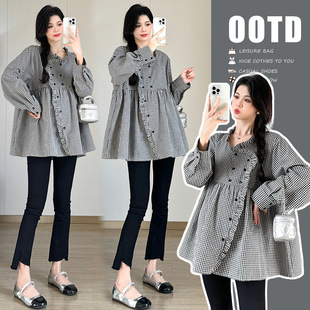 Maternity 2025 Spring New Arrival Small plus size Ear Edge Design Irregular Loose Plaid Shirt Dress