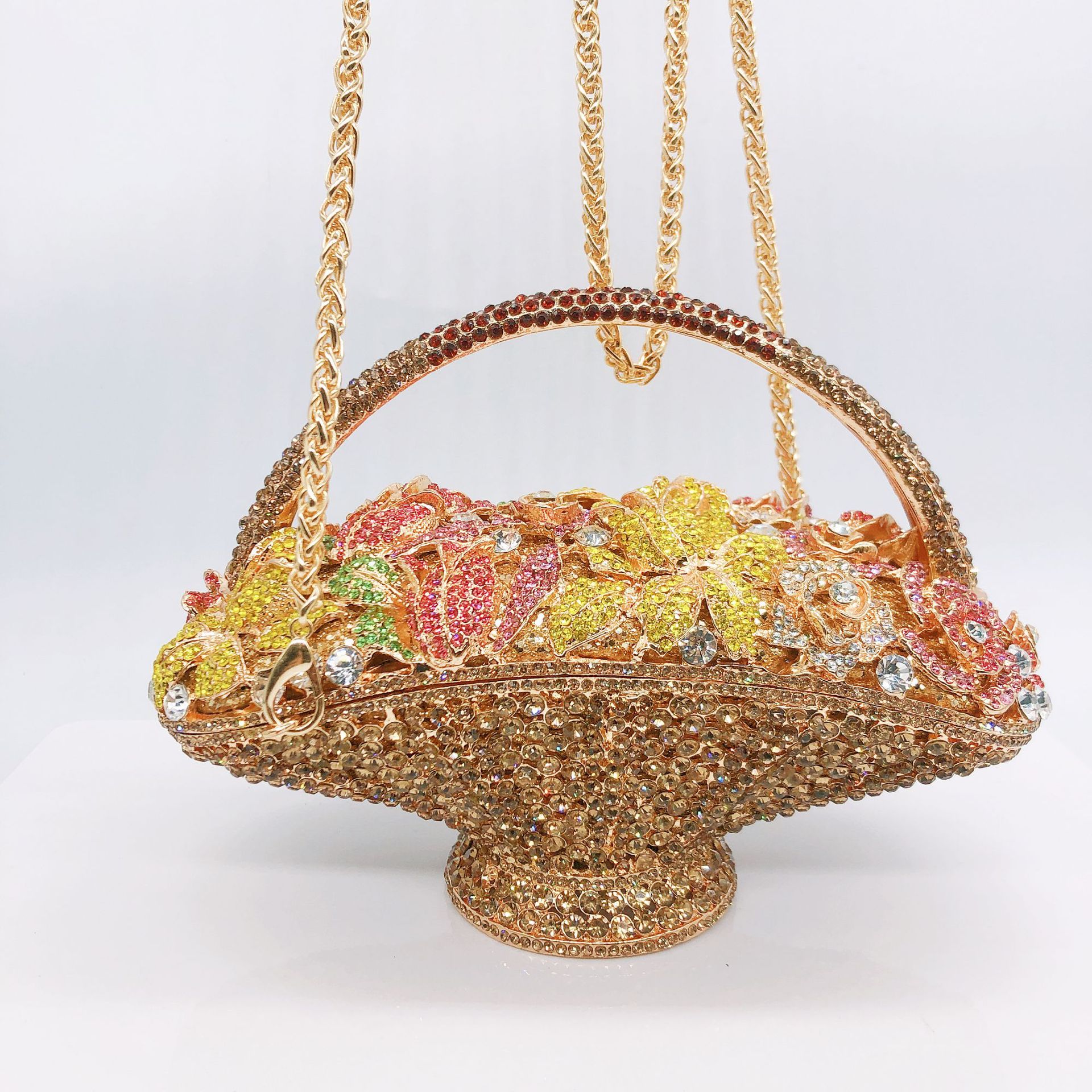 Túi clutch nữ đính kim cương giả hình giỏ hoa, xách tay dự tiệc, đeo chéo một bên vai — 1 # màu hồng, 2 # vàng trắng, 3 # màu bạc, 4 # Champagne chi tiết 5