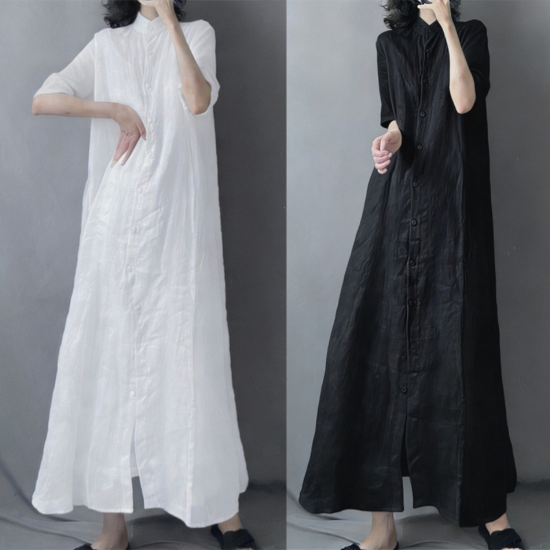 Artistic Loose Long Cardigan Shirt Dress for Women, Summer Solid Color Turn-Down Collar Loose Flowing Sheer Dress, New Style for Women Artistic Loose Long Cardigan Shirt Dress for Women, Summer Solid Color Turn-Down Collar Loose Flowing Sheer Dress, New Style for Women